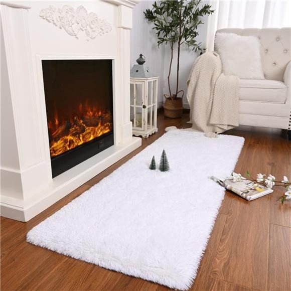 Soft Shag Runner Rug for Bedroom,2x6 Feet Fluffy Rugs with Non-Slip Bottom,White - Picture 3 of 6